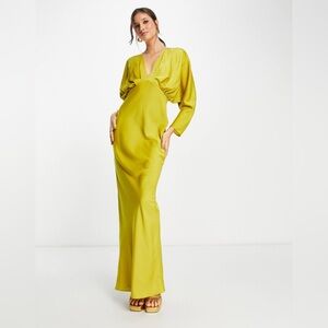 ASOS DESIGN satin pleated plunge maxi dress with open back in gold, size 12